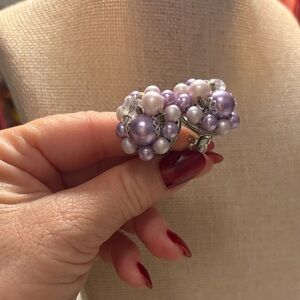 Purple and White Beaded Clip-On Earrings